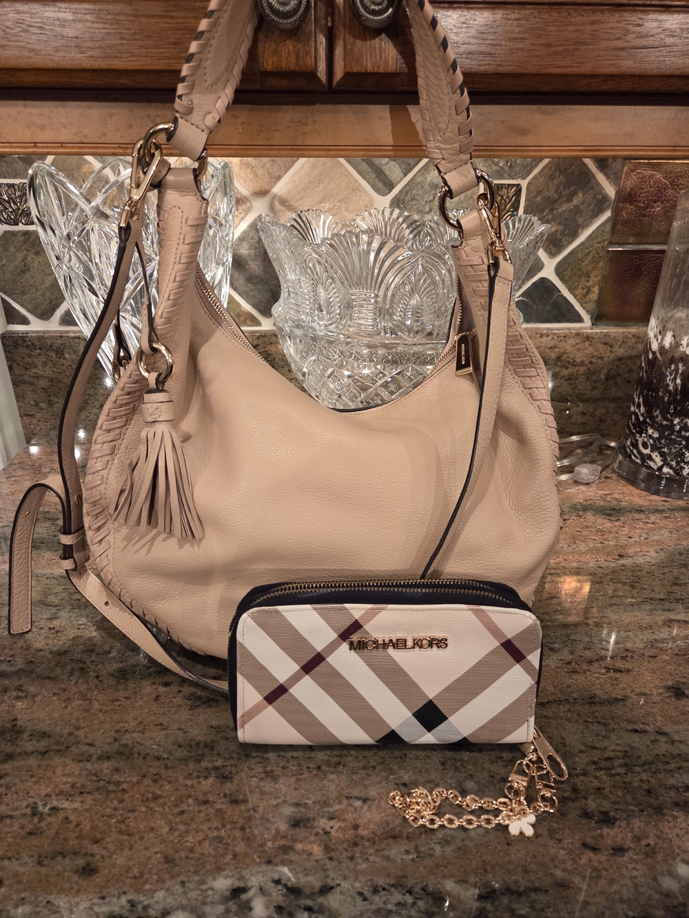 Michael Kors Beige Leather Bag with Tassel And Wallett